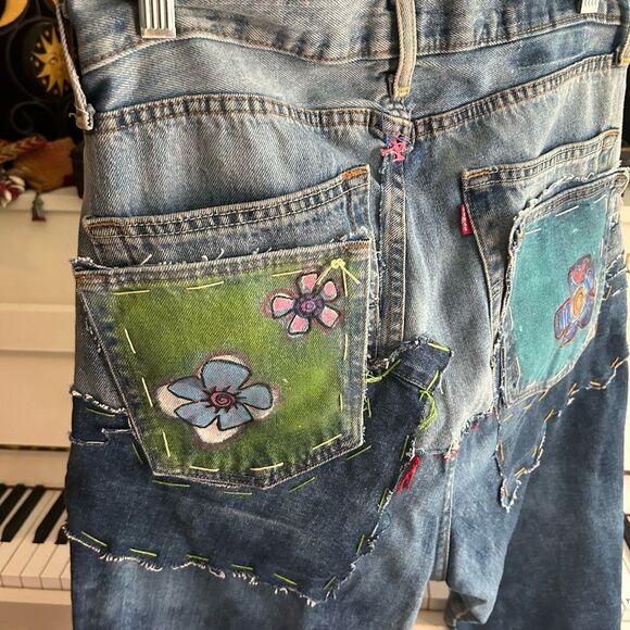 Upcycled Frayed Patchwork Jeans 33" Waist Handmade Streetwear Pants Painted - Picture 11 of 16